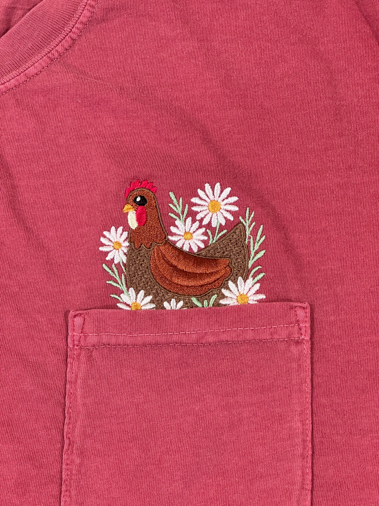 Custom Pocket Hen & Daises - Comfort Colors Embroidered Pocket Tee
