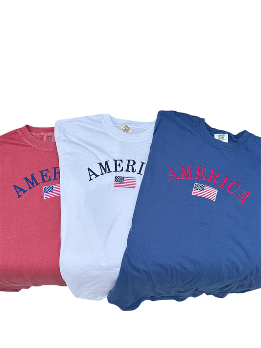 America Red, White, and Blue Embroidered Comfort Colors T-shirt