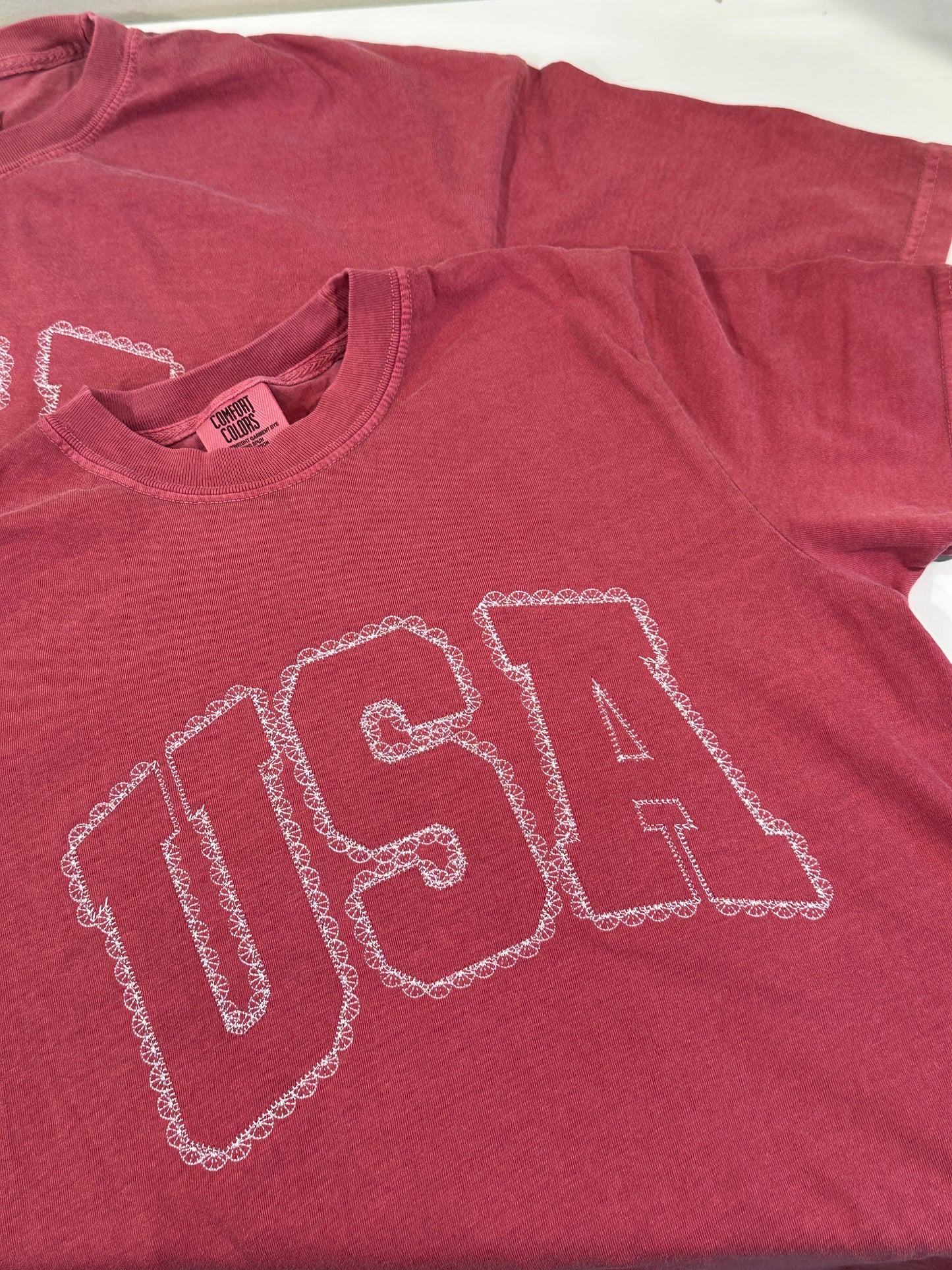 Red, White, & Lace Tee - Embroidered Comfort Colors T-shirt