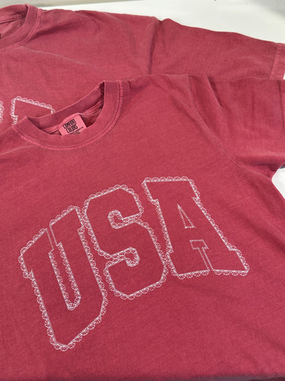 Red, White, & Lace Tee - Embroidered Comfort Colors T-shirt