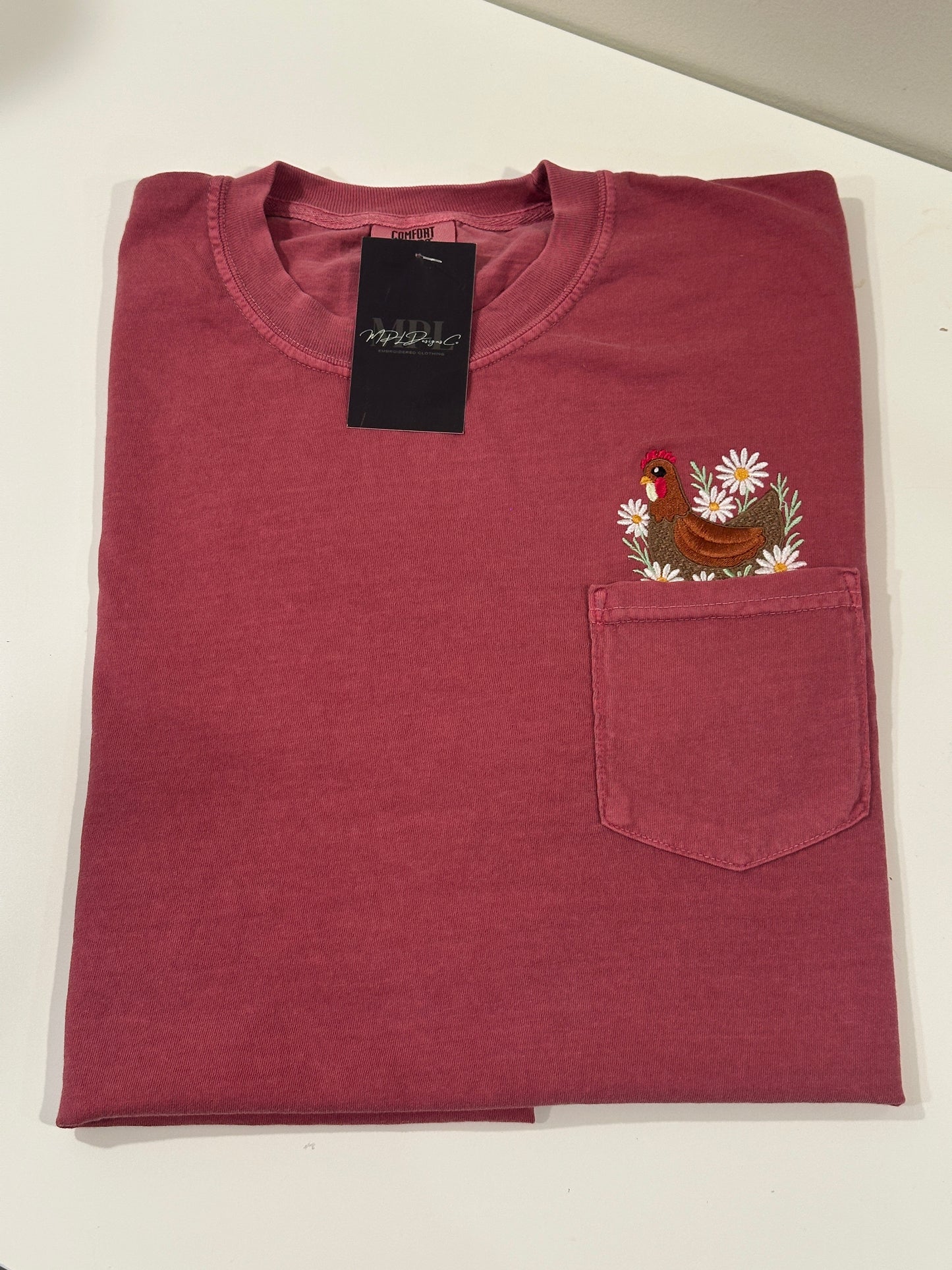 Custom Pocket Hen & Daises - Comfort Colors Embroidered Pocket Tee