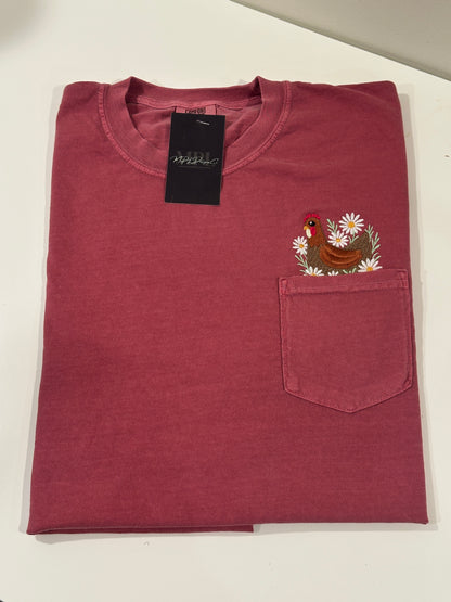 Custom Pocket Hen & Daises - Comfort Colors Embroidered Pocket Tee