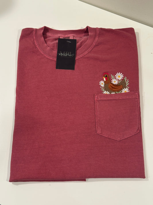 Custom Pocket Hen & Daises - Comfort Colors Embroidered Pocket Tee