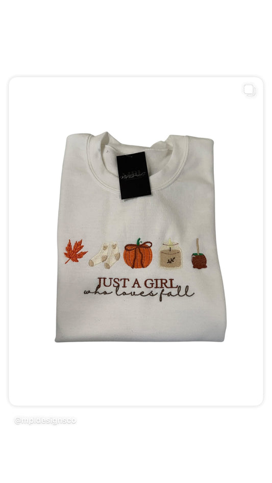 Just A Girl Who Loves Fall Embroidered Crewneck