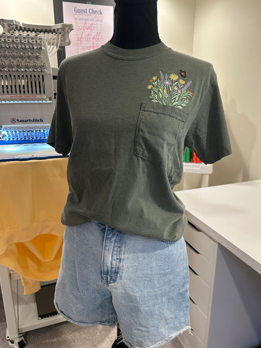 Pocket Bloom Tee - Embroidered Comfort Colors T-shirt