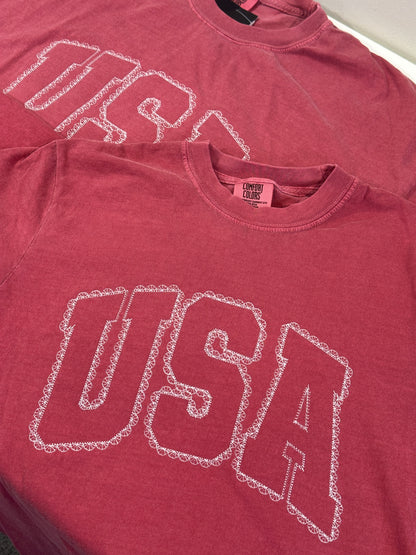 Red, White, & Lace Tee - Embroidered Comfort Colors T-shirt