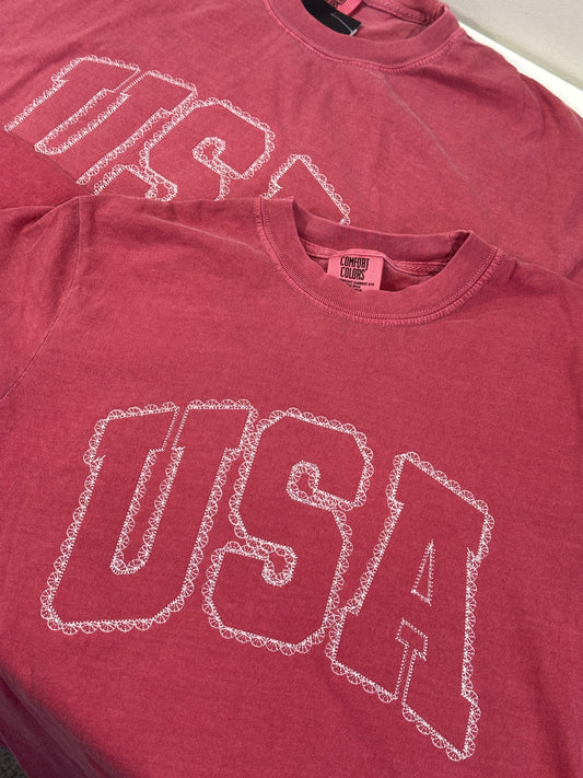 Red, White, & Lace Tee - Embroidered Comfort Colors T-shirt