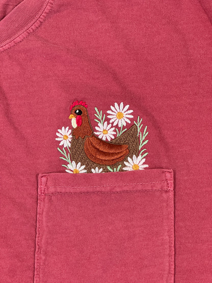 Custom Pocket Hen & Daises - Comfort Colors Embroidered Pocket Tee