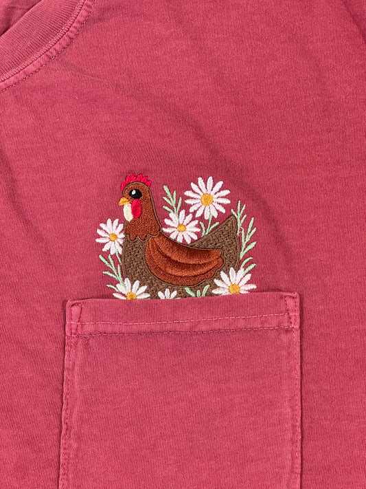 Custom Pocket Hen & Daises - Comfort Colors Embroidered Pocket Tee