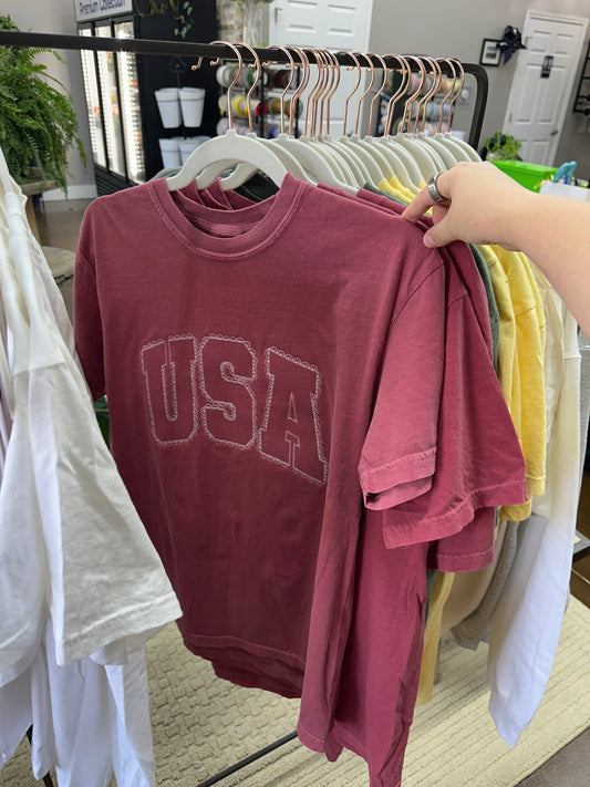 Red, White, & Lace Tee - Embroidered Comfort Colors T-shirt