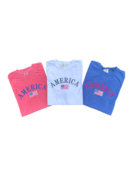 America Red, White, and Blue Embroidered Comfort Colors T-shirt