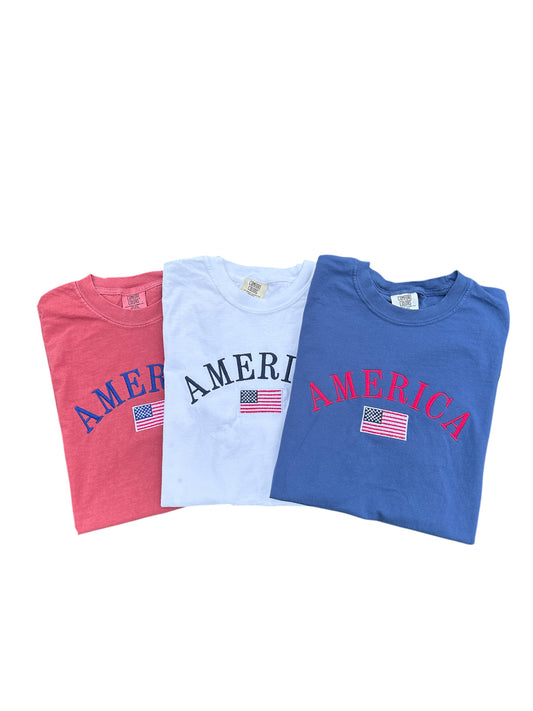 America Red, White, and Blue Embroidered Comfort Colors T-shirt